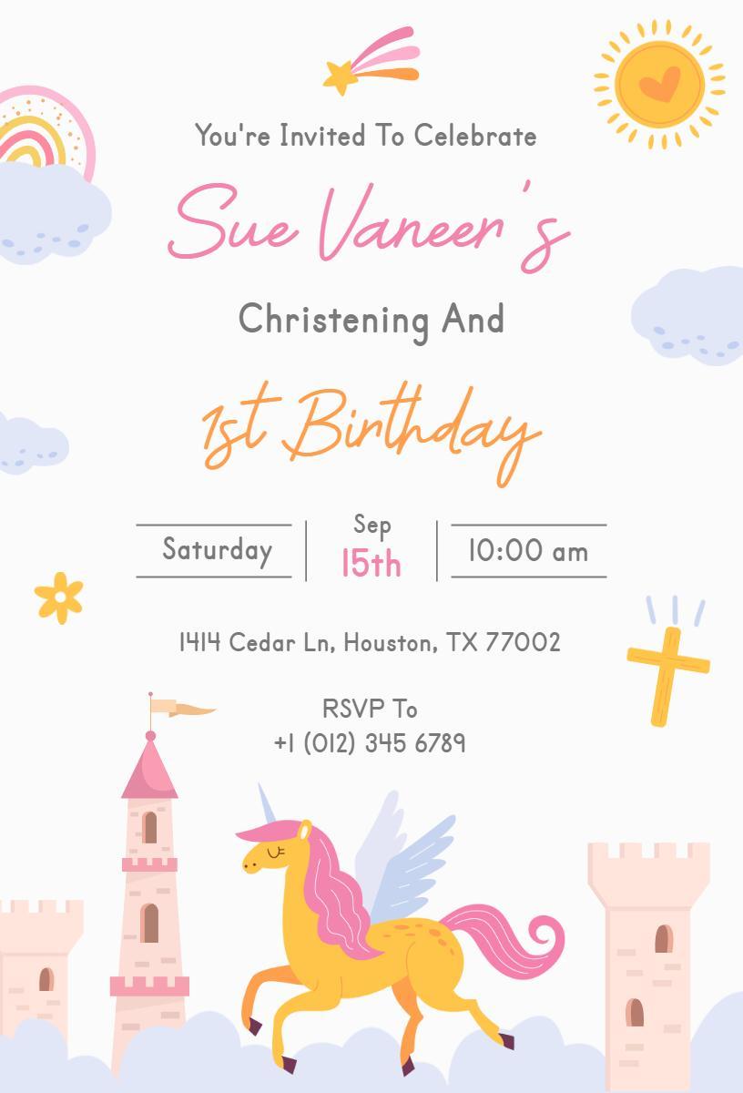 Whimsical Unicorn 1st Birthday Celebration Invitation Template