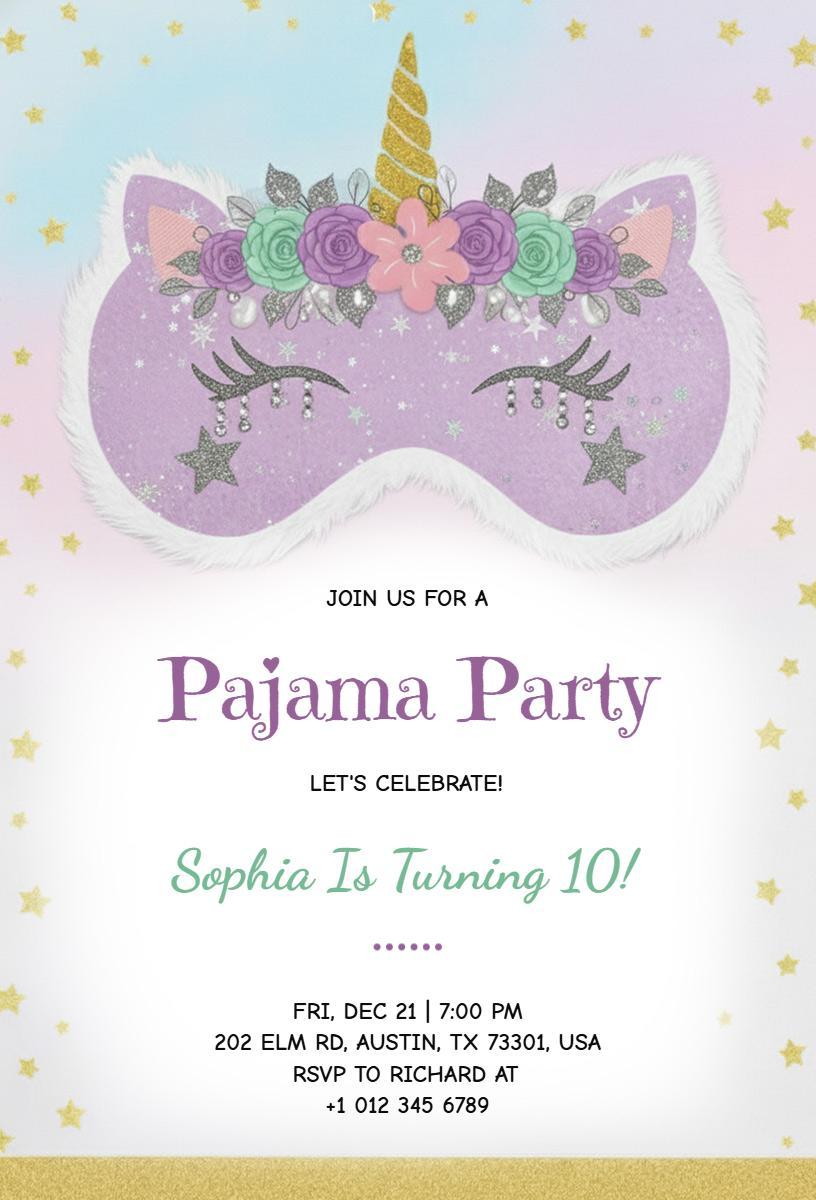 Whimsical Unicorn Theme Fun Pajama Party Invitation Template