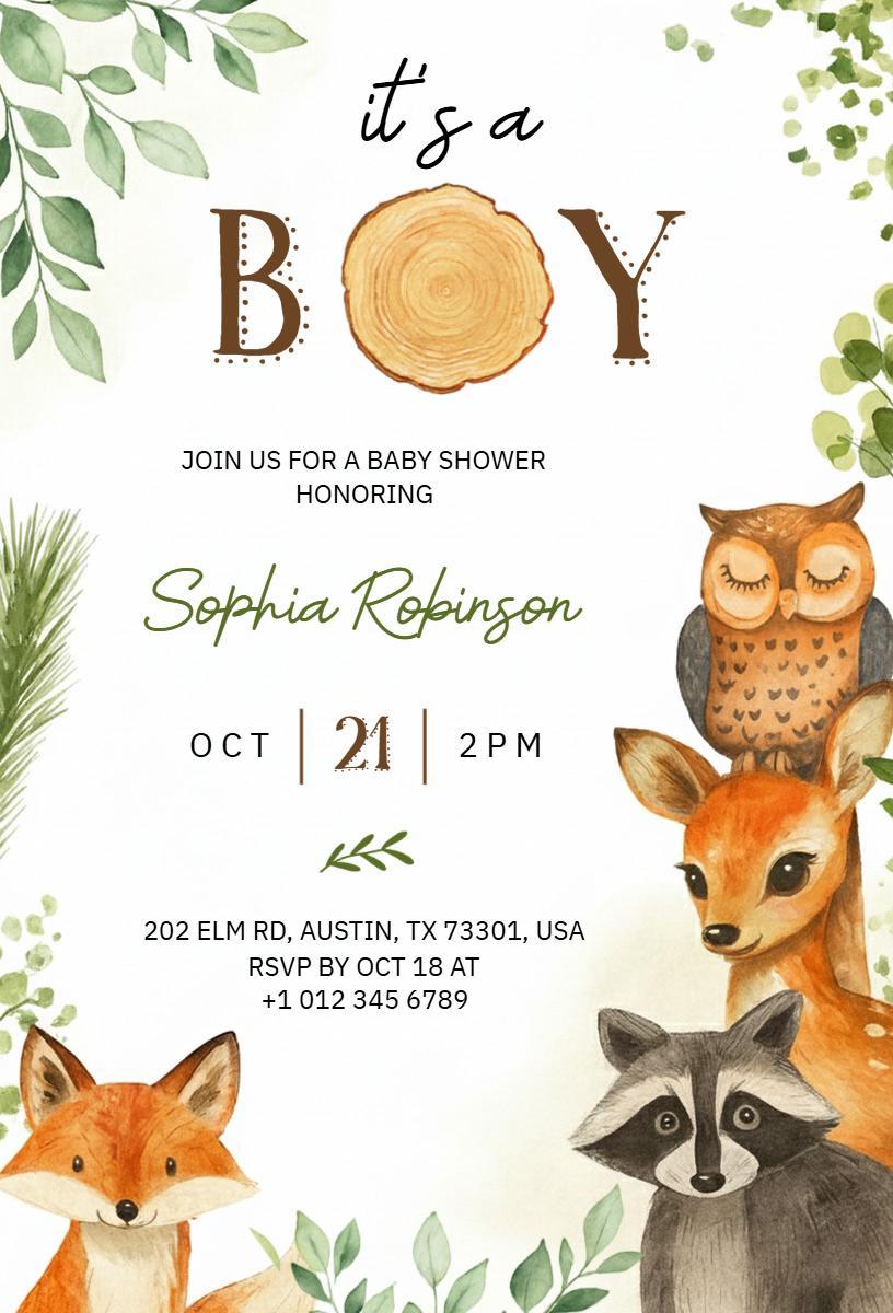 Whimsical Woodland Baby Boy Shower Celebration Invitation Template