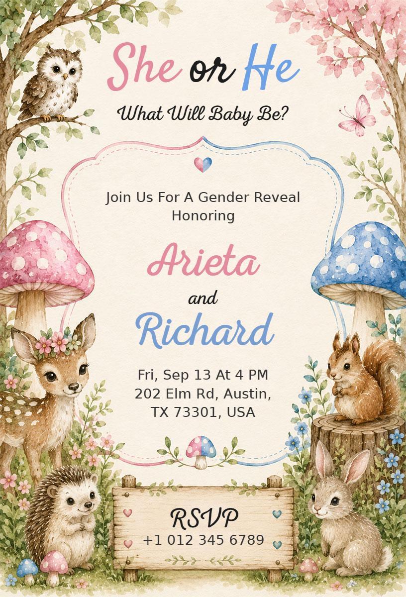 Whimsical Woodland Theme Gender Reveal Celebration Invitation Template