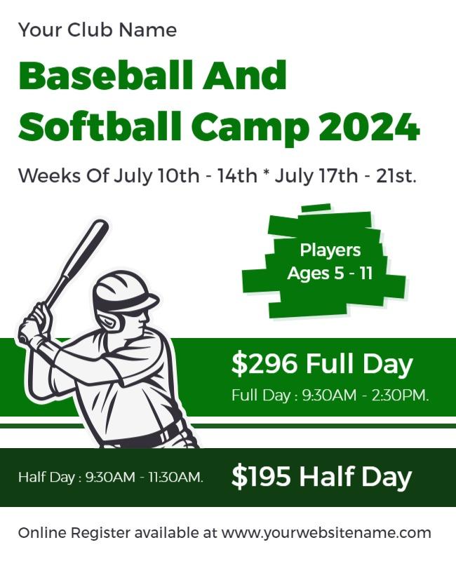 Dynamic Green Baseball and Softball Camp Registration Flyer Template