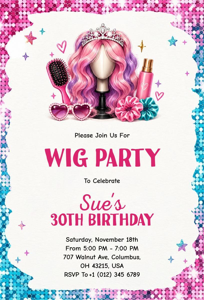 Wig Party Themed Birthday Celebration Invitation Template