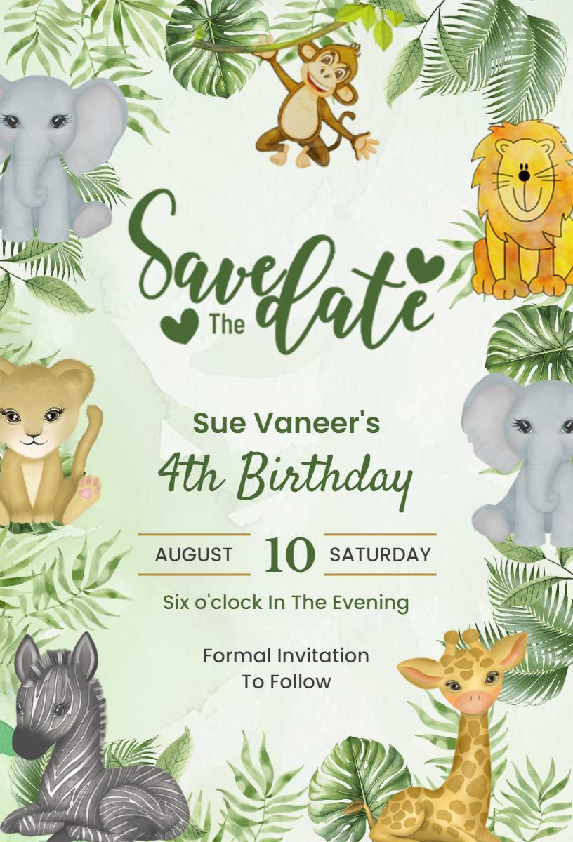 Wild Animal Themed 4th Birthday Save The Date Invitation Template