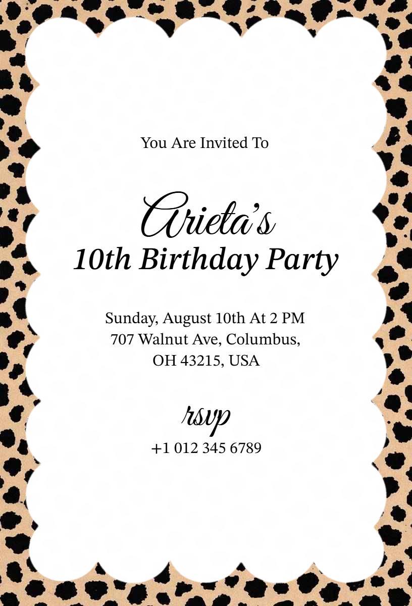 Wild Cheetah Print Fun 10th Birthday Celebration Invitation Template