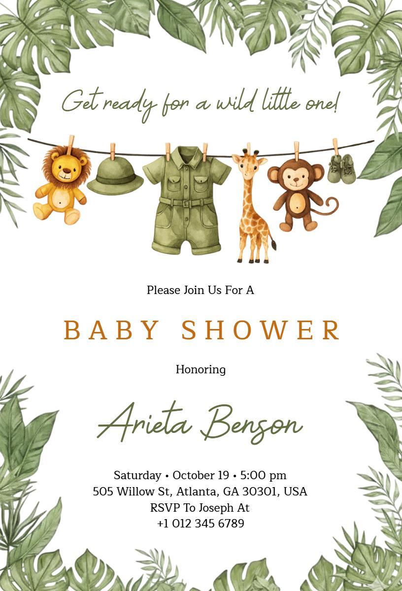 Wild Jungle Safari Baby Shower Celebration Invitation Template