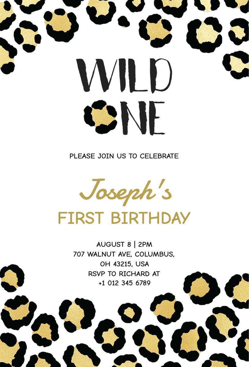 Wild One Cheetah Theme First Birthday Celebration Invitation Template