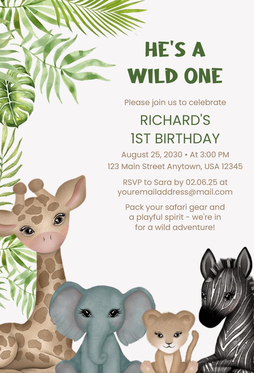 Wild Safari Adventure Birthday Party Celebration Invitation Template
