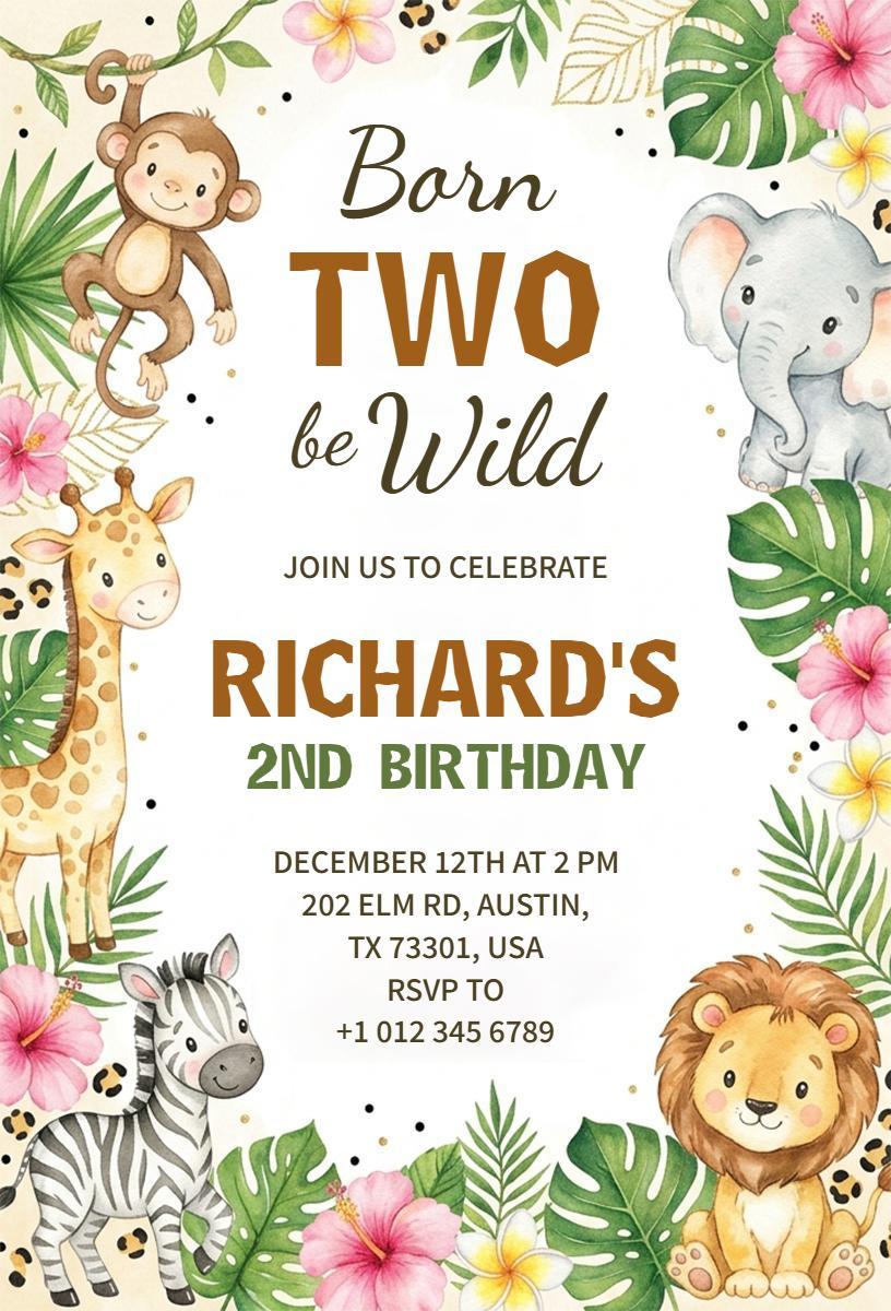 Wild Safari Animal Adventure Birthday Celebration Invitation Template