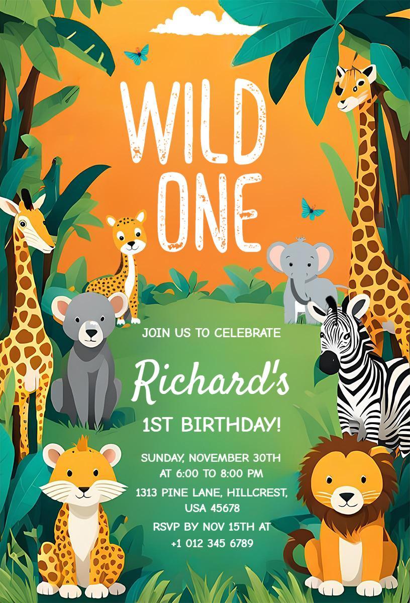 Wild Safari Animals Fun Birthday Celebration Invitation Template