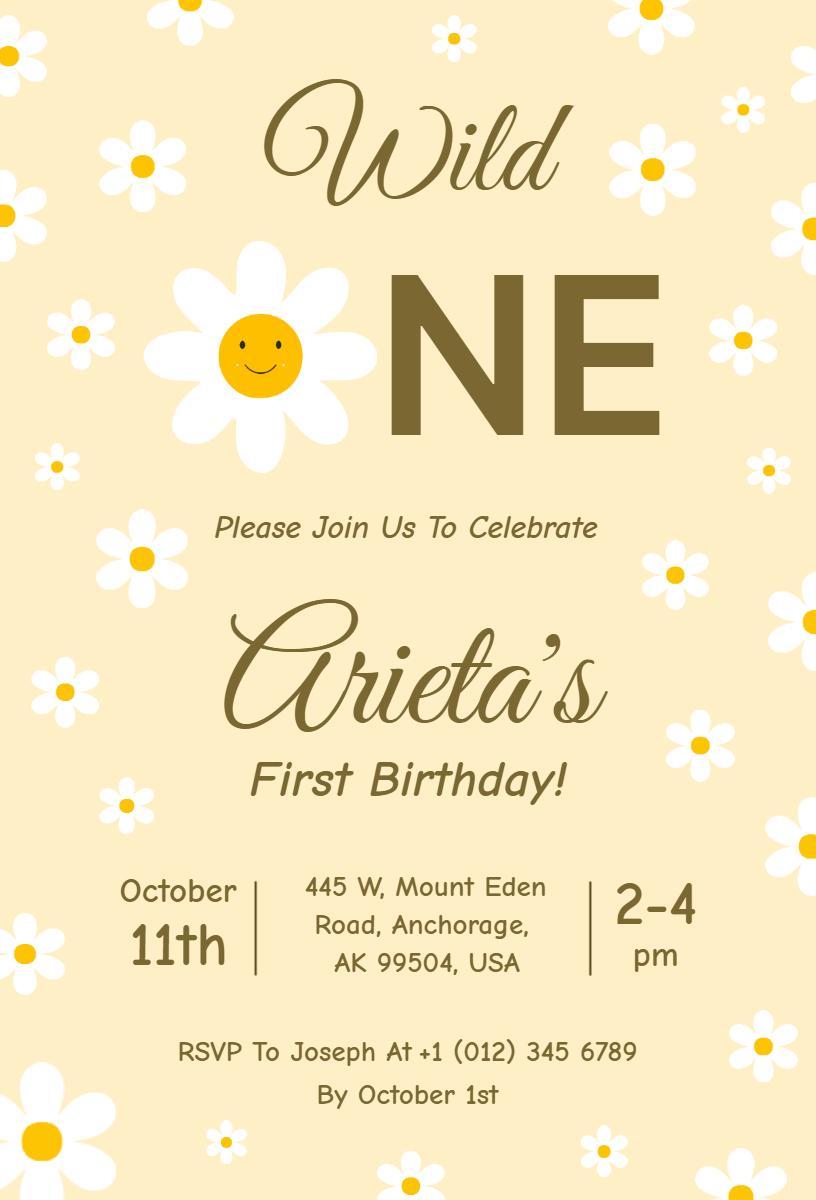 Wildflower Theme Cheerful 1st Birthday Celebration Invitation Template