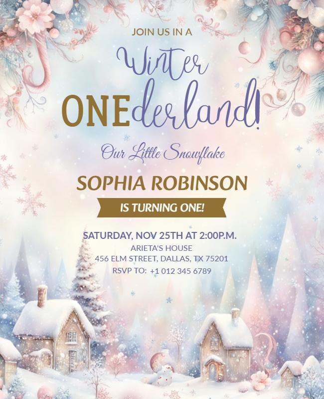 Winter Wonderland First Birthday Celebration Flyer Template