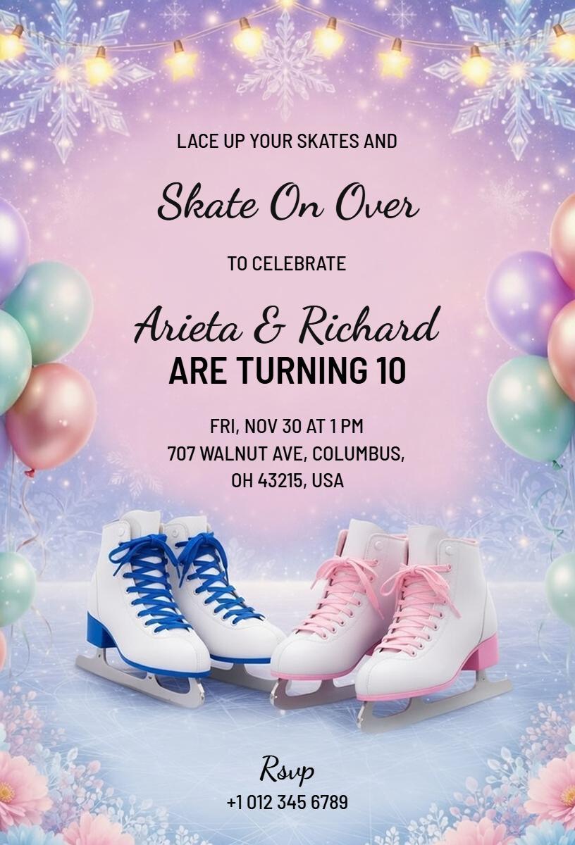 Winter Wonderland Ice Skating Birthday Celebration Invitation Template