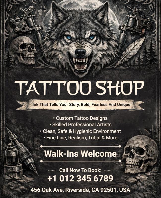 Wolf-Themed Tattoo Shop Flyer Template