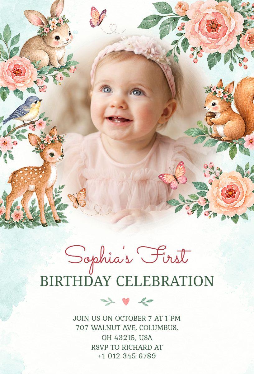 Woodland Animals First Birthday Celebration Invitation Template