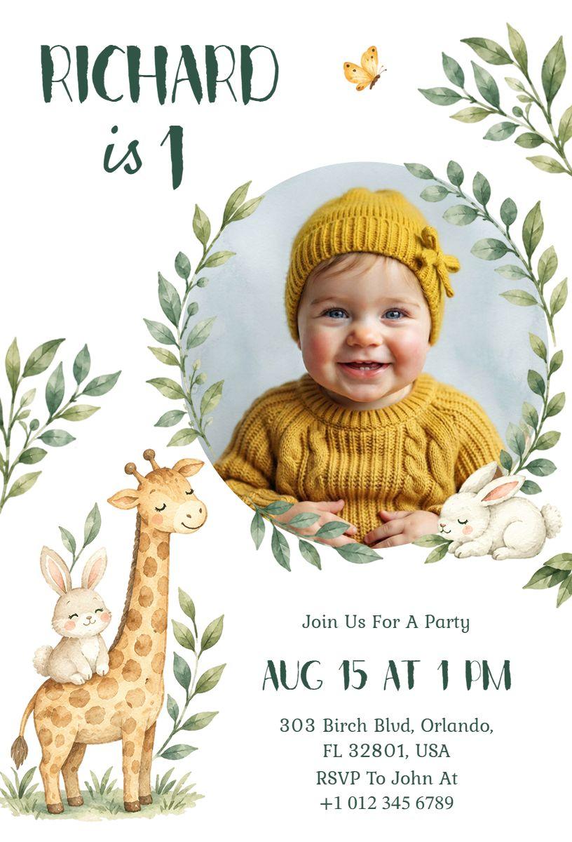 Woodland Animals First Birthday Invitation Template