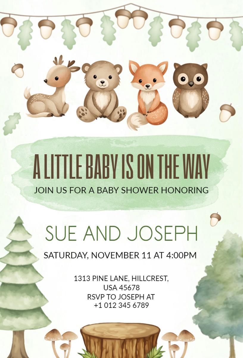Woodland Animals Themed Baby Shower Celebration Invitation Template