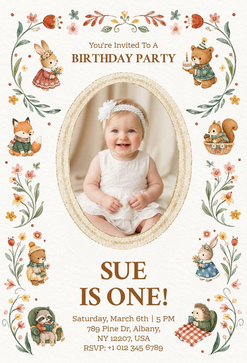 Woodland Animals Themed First Birthday Invitation Template