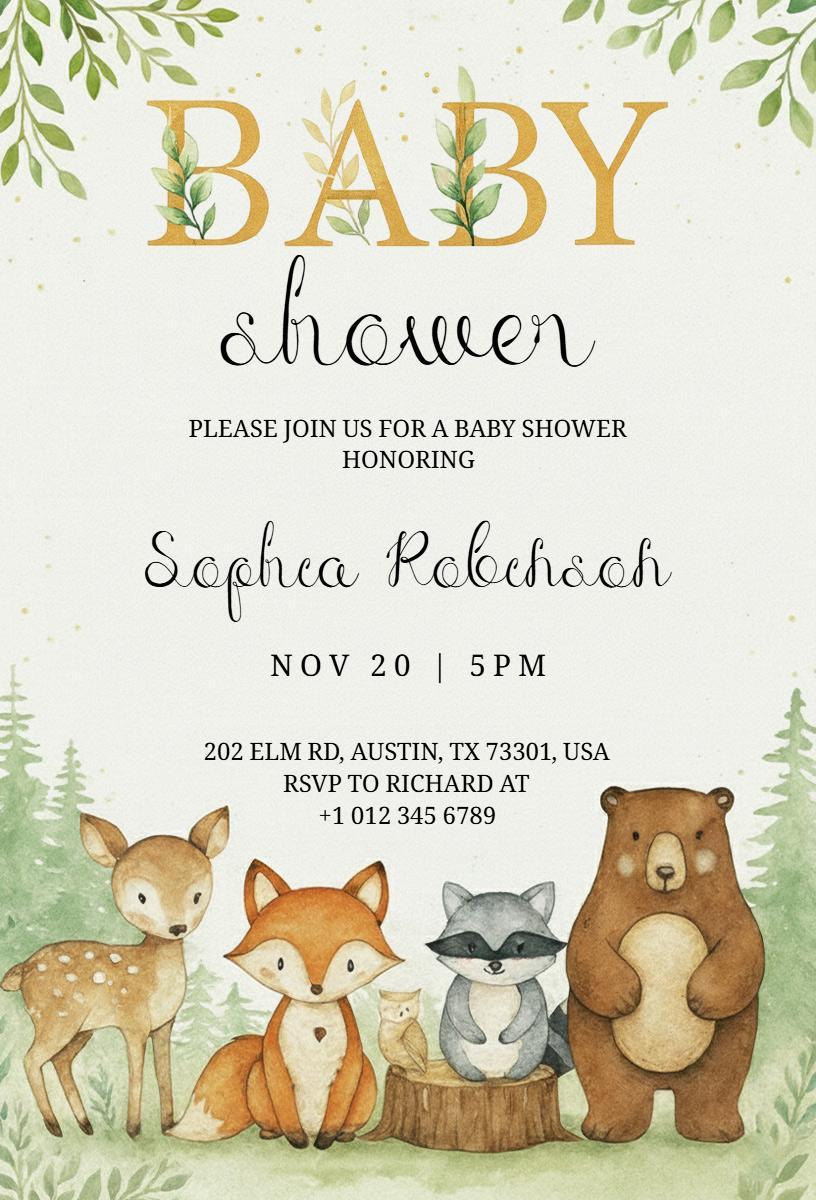 Woodland Creatures Themed Baby Shower Invitation Template