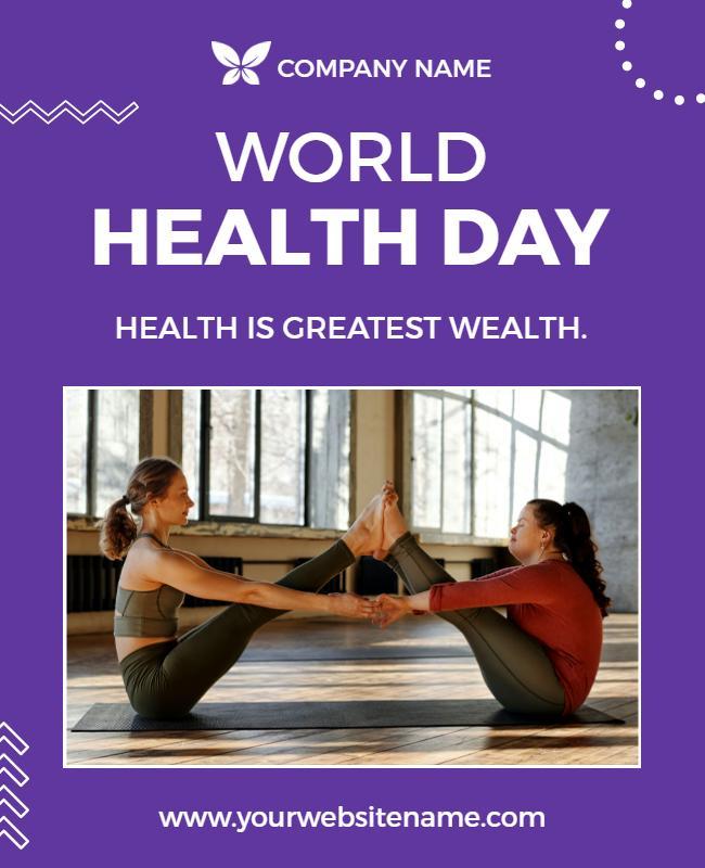 Vibrant Purple Wellness Yoga Session World Health Day Flyer Template