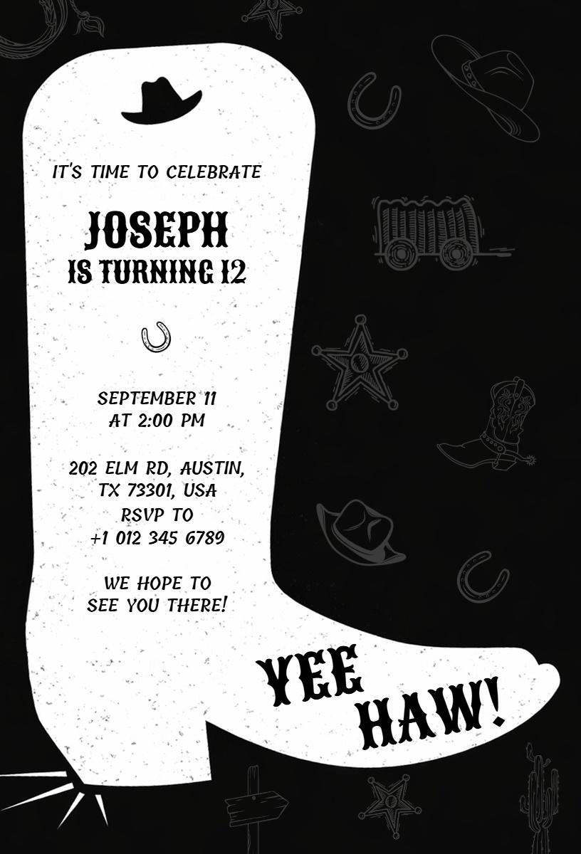 Yee Haw Cowboy Boot Adventure Birthday Invitation Template