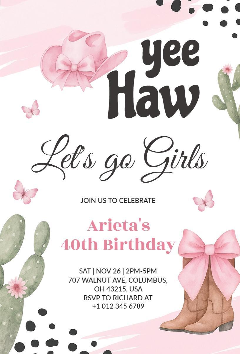 Yee Haw Cowgirl Themed 40th Birthday Celebration Invitation Template