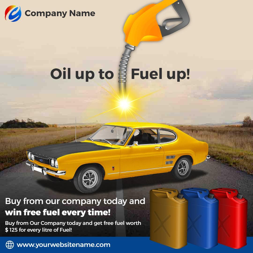 Yellow Car Fuel Promotion with Free Fuel Offer Ad Template