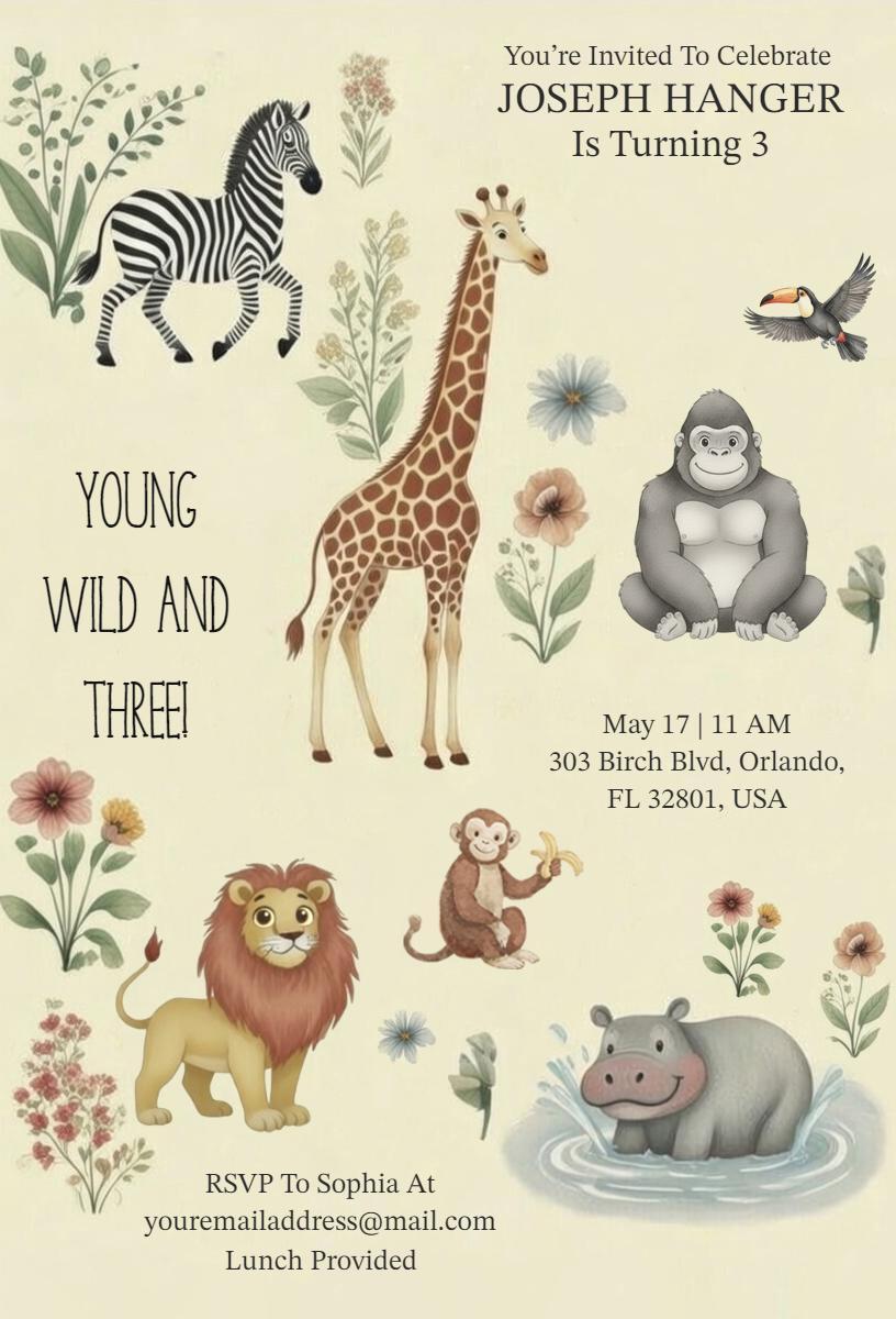 Young Wild and Three Safari Birthday Celebration Invitation Template