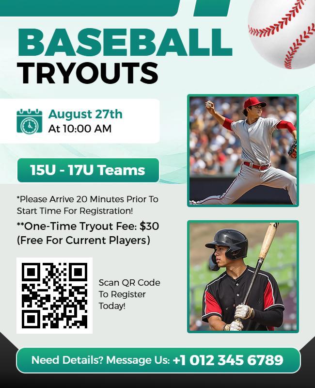 Youth Baseball Tryouts Registration Flyer Template