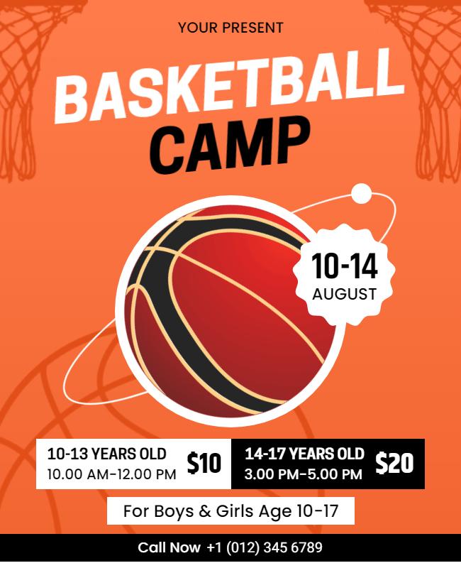 Dynamic Orange Basketball Camp for Kids and Teens Flyer Template