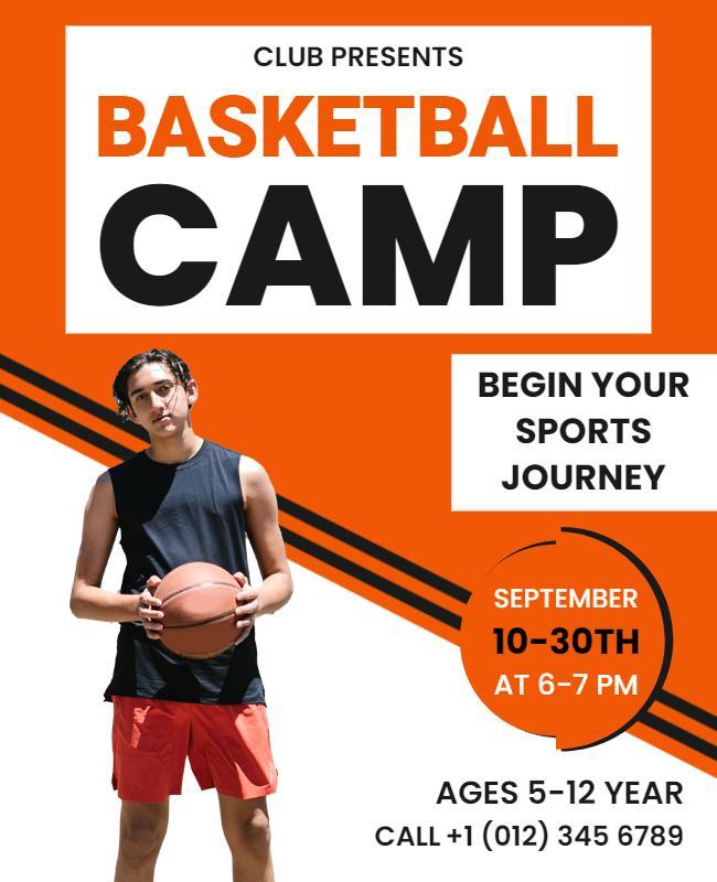 Bright Orange Basketball Camp Invitation Flyer Template