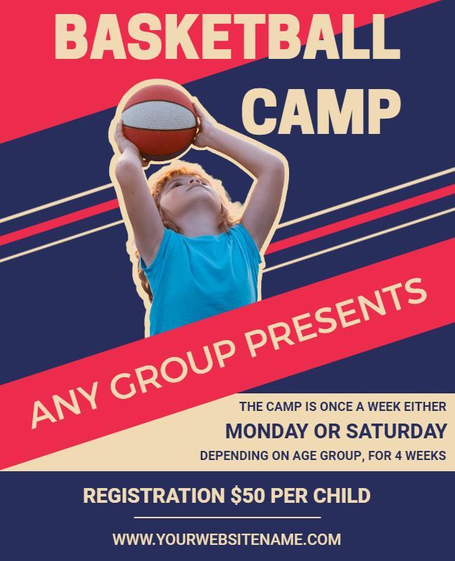 Dynamic Red and Blue Basketball Camp Registration Flyer Template