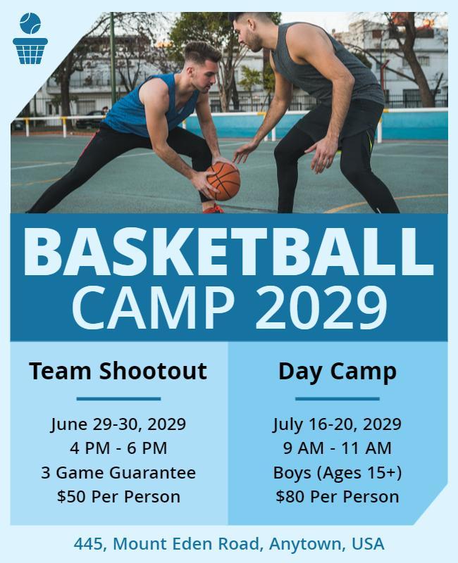 Dynamic Blue Basketball Camp 2029 Flyer Template