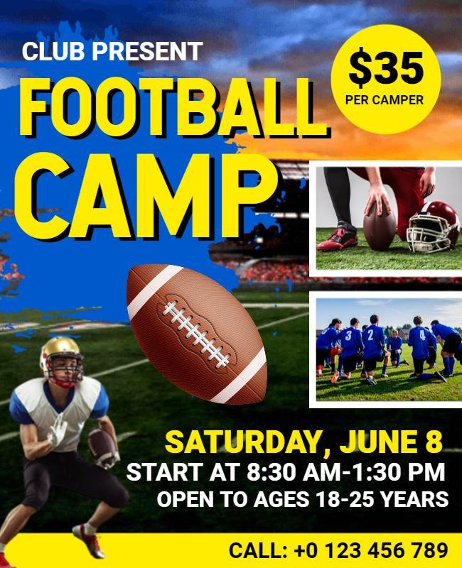 Dynamic Blue Football Camp for Ages 18-25 Flyer Template