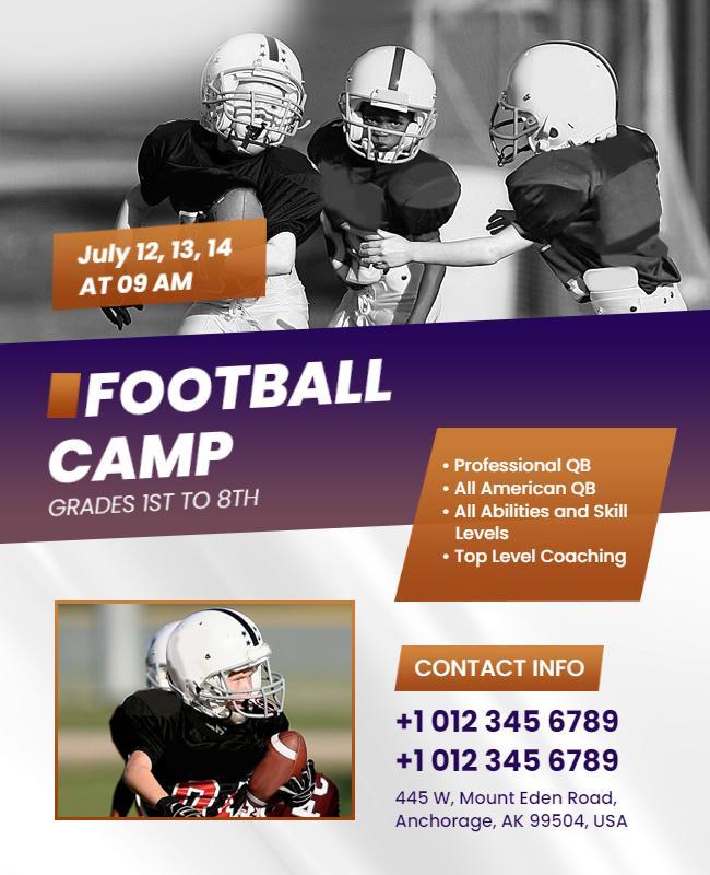 Dynamic Purple Football Camp for Youth Athletes Flyer Template