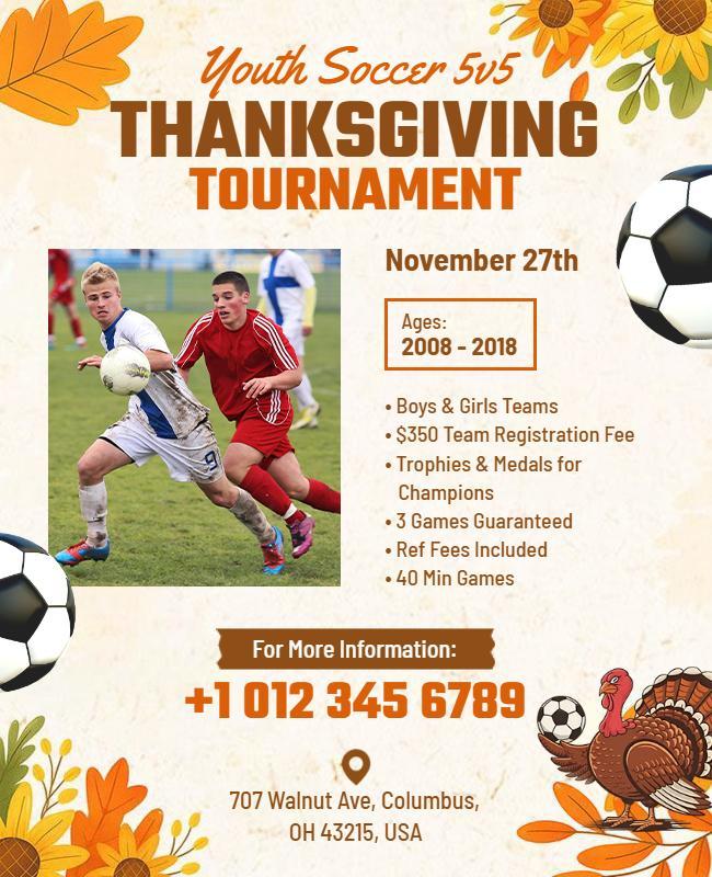 Youth Soccer Thanksgiving Tournament Flyer Template