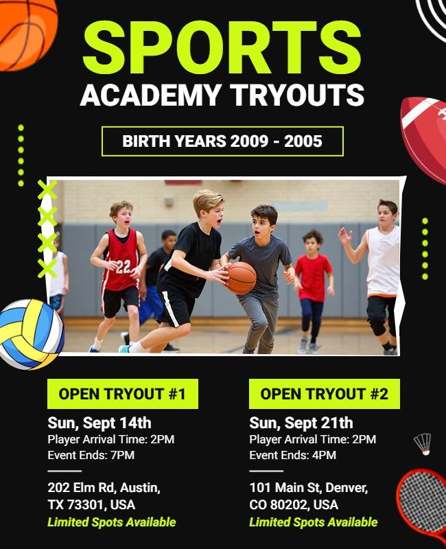Youth Sports Academy Open Tryouts Flyer Template