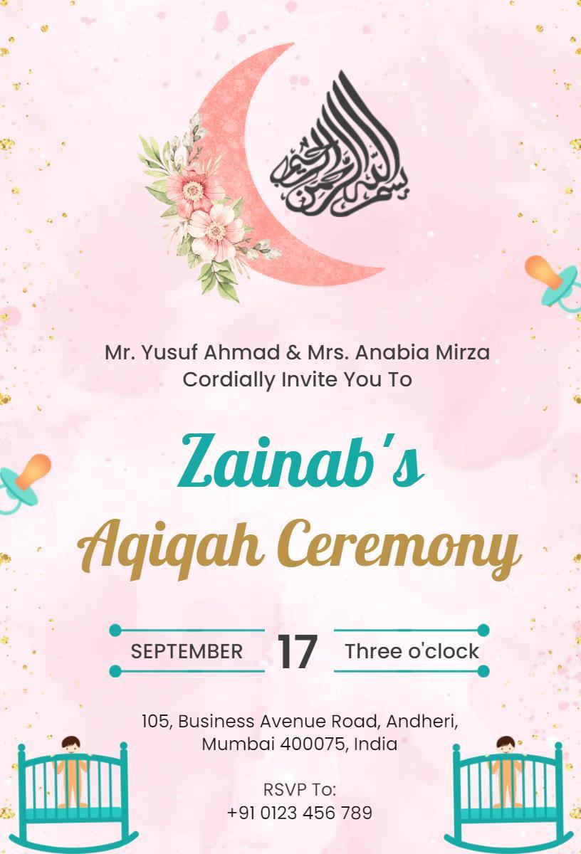 Zainab's Joyful Aqiqah Ceremony Celebration Invitation Template