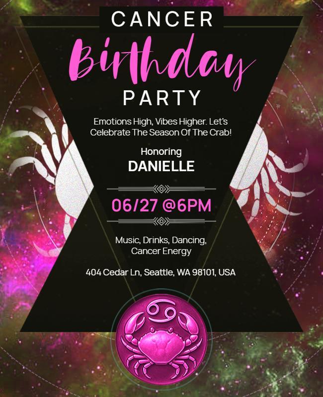 Zodiac Theme Cancer Birthday Party Flyer Template