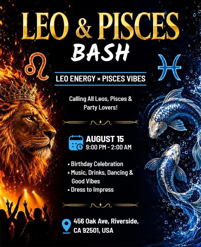 Zodiac Theme Leo and Pisces Bash Flyer Template