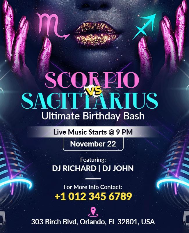Zodiac Themed Scorpio Vs Sagittarius Birthday Bash Flyer Template