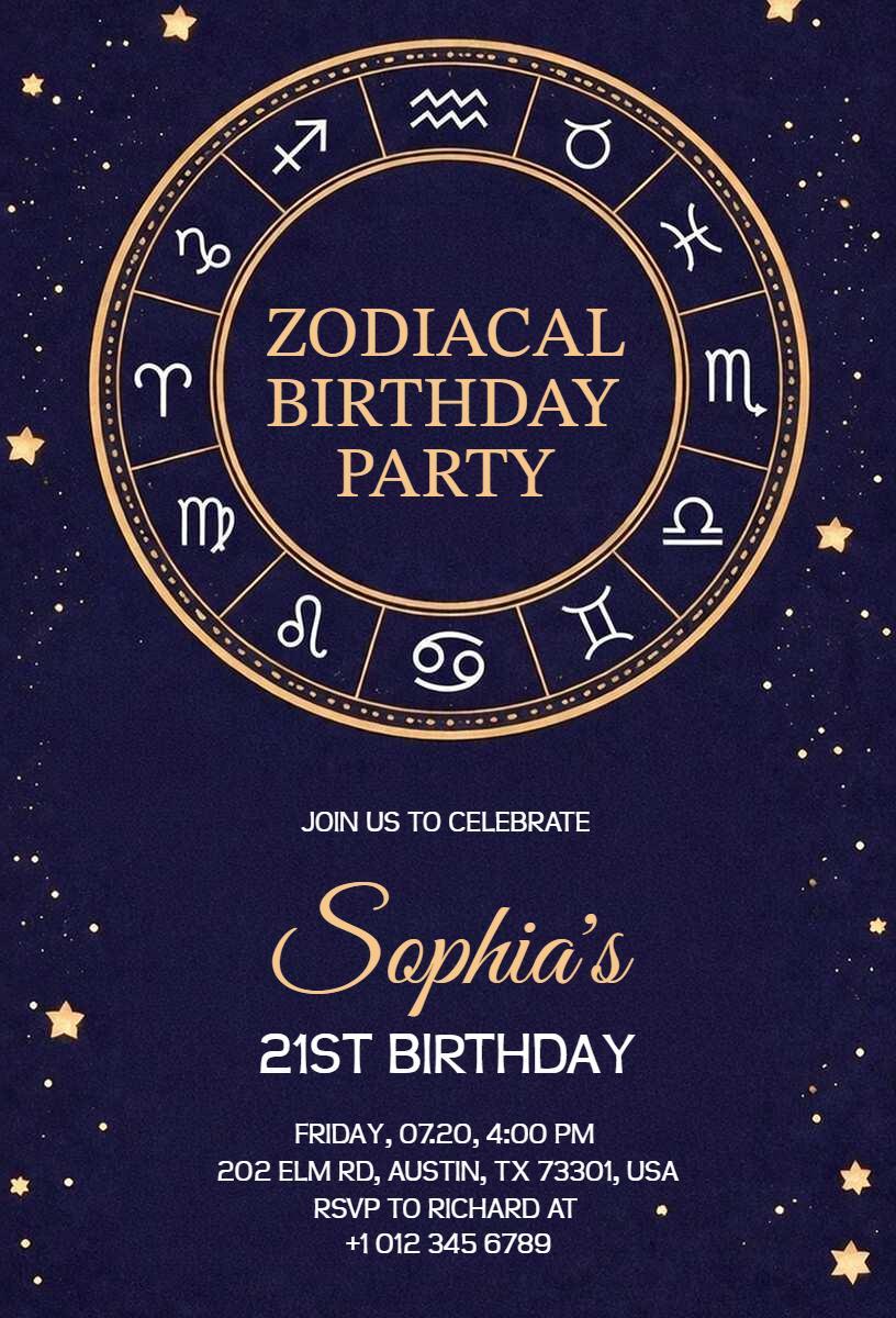Zodiacal Starry Night 21st Birthday Celebration Invitation Template