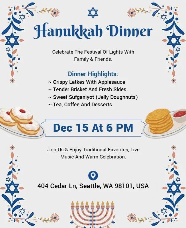 Hanukkah Dinner Celebration Invitation Flyer Template