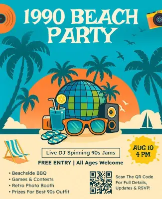 1990s Retro Beach Party Celebration Flyer Template
