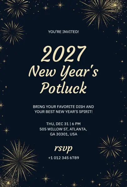 2027 New Year Potluck Party Invitation Template