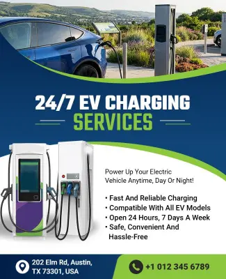24/7 Electric Vehicle Charging Service Flyer Template