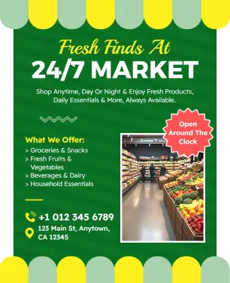 24/7 Grocery Market Promotional Flyer Template