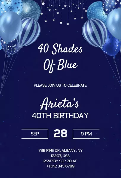 40 Shades of Blue Elegant 40th Birthday Celebration Invitation Template