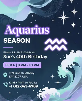 40th Birthday Aquarius Zodiac Party Flyer Template