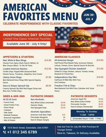 4th of July American Favorites Dining Menu Flyer Template