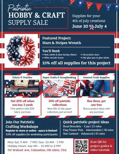 4th of July Patriotic Hobby and Craft Supply Sale Flyer Template
